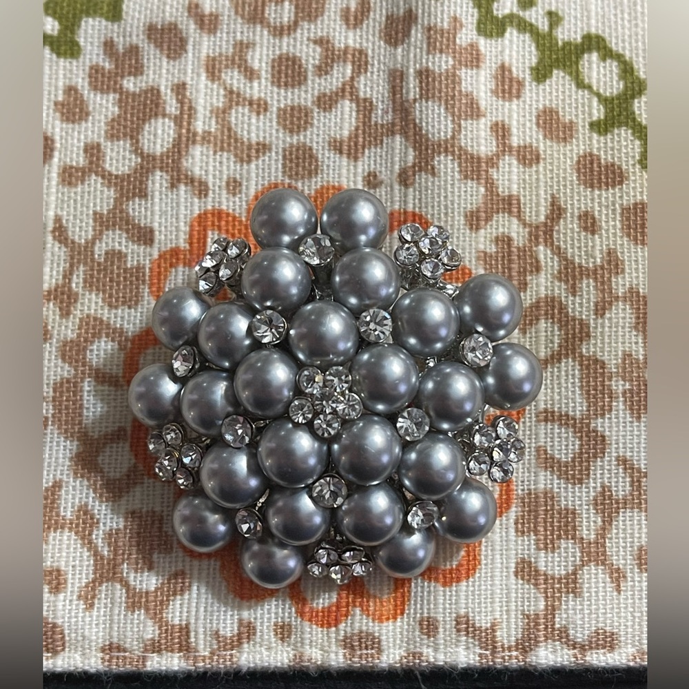 Faux Gray Pearl and CZ Brooch